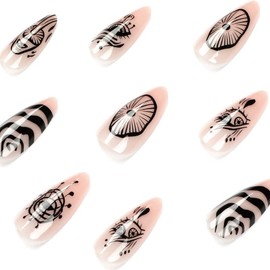 JUSTOTRY Almond Shape Press on Nails, Short Medium Length with Lucky Designs Oval 24 Pcs Fake False Nails with Glue, Nail Art for Women and Girl Stick on Nails