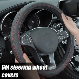 CGEAMDY Car Steering Wheel Cover, Microfibre Leather Steering Wheel Cover, Sport Non-Slip Universal Steering Wheel Cover, Steering Wheel Cover, Genuine Leather, Anti Slip (Black + Red Line)