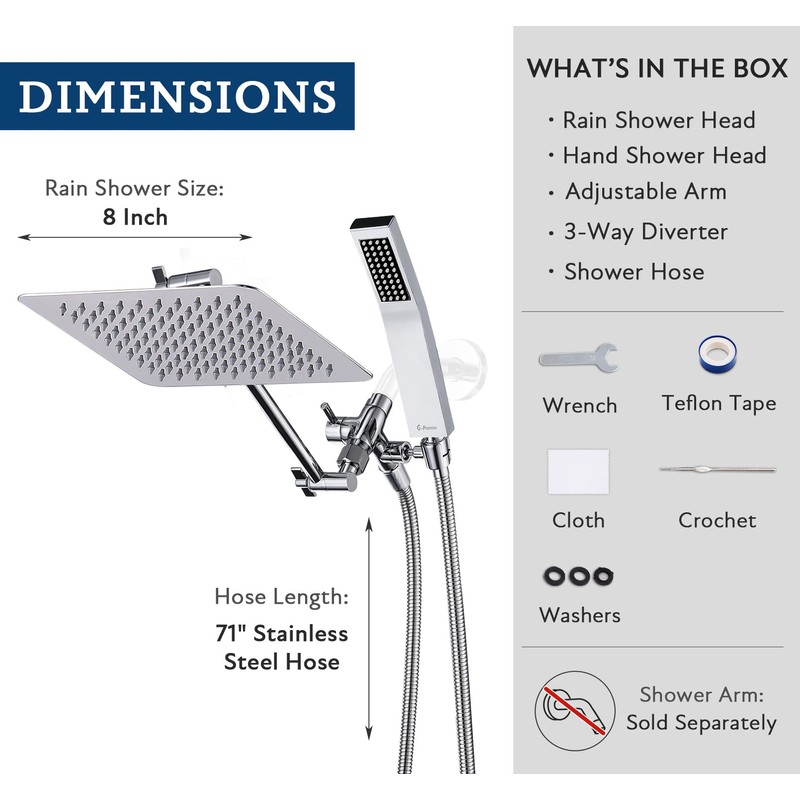 G-Promise All Metal 8" Rain Shower Head with Handheld for