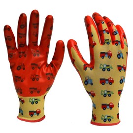 Digz Youth Stretch Garden and Yardwork Gloves with Nitrile Coating | Single Pair | Color: Trucks & Tractors Pattern | Size: One Size Fits Most Youth