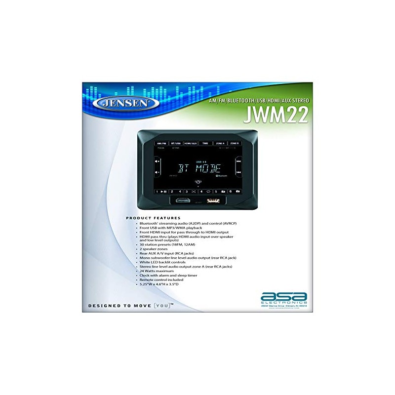 Jensen JWM22 2-Speaker Zones AM/FM|BT|HDMI|AUX Cube Wall Mount Stereo, Speaker