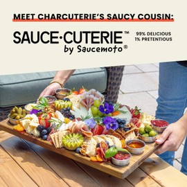 SAUCE•CUTERIE | Double Sided Charcuterie & Sauce Serving Board, (15.1 x 10.5") Acacia Wood Board with 6 Stainless Steel Serving Cups & Silicone Lids