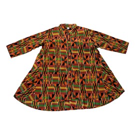 African Print Kente Dress with Head Scarf, Long Sleeve Midi Blouse Dress, Multicolor Orange, One Size