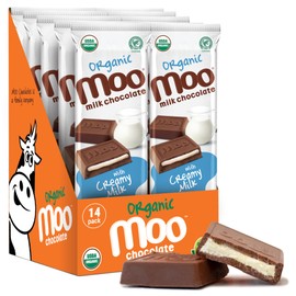 Moo Chocolates Organic Milk Chocolate Large Bars with Creamy Milk Filling 1.4 oz, 14 ct (Pack of 1) | USDA Organic, Non-GMO | 110 Calorie Snacks for On-the-Go, Lunchboxes, Office