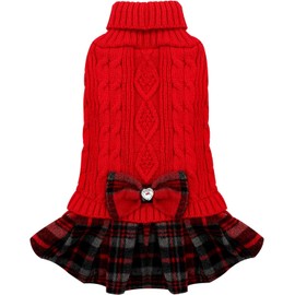KYEESE Dog Sweater Soft Knitwear Small Medium Dog Sweater with Bowtie Comfy Dog Coats Dog Clothes Turtleneck Dog Sweater for Small Medium Dog Stretchy Pullover Dog Sweater Dress, Red, Large