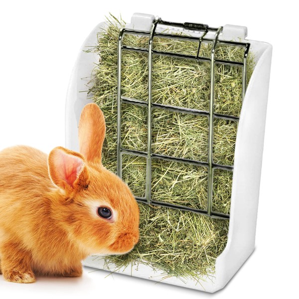 SunGrow Hay Feeder for Rabbits, Hamster, Chinchilla, Indoor Food Dispenser, No Mess Hay Rack Manger for Small Animals, Hanging Alfalfa and Timothy Hay Dispenser, Guinea Pig Cage Accessories, White
