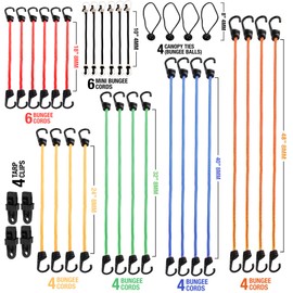 ROCKET STRAPS | 36 Piece Bungee Cords with Hooks | Bungee Cord Assortment Includes 48",40",32",24",18",10" | Tie Downs | Ball Bungees | Carrying Bag