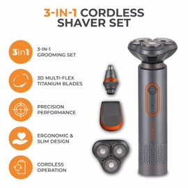 Carmen C81085ORG Titan 3-in-1 Cordless Shaver Set with Titanium Blades and USB Charging, Titanium & Orange