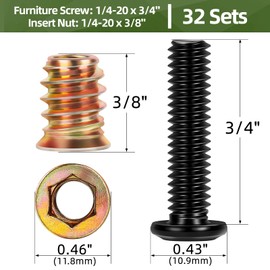 32 Sets Wood Inserts & Bolts Assortment Kit for Furniture, 1/4-20 x 3/8" Screw-in Nuts and 1/4-20 x 3/4" Furniture Threaded Bolts with 2 PCS Hex Drive Wrench Included