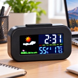 Digital Weather Station Alarm Clock for Bedside Use – Color Display with Temperature, Humidity & Calendar for Bedroom