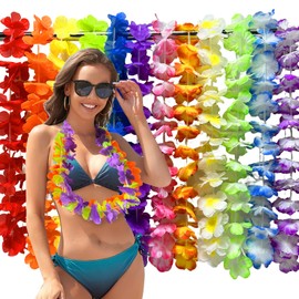 12pcs Hawaiian Leis for Luau Party Decorations,lei for moana stitch birthday Party summer tropical beach pool Theme Decor,graduation leis for women Silk Bulk Necklace flower Hula Dance Favors supplies