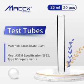 Maccx 25ml Sturdy Glass Test Tubes, 20x200mm, Pack of 20, Borosilicate Glass Material, TTG025-020