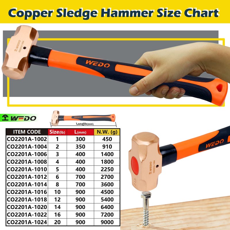 WEDO Copper Sledge Hammer with Fiberglass Handle,Long Straight Handle,Length 400mm(16"),5lb