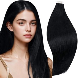 RUNATURE Real Hair Tape-in Black Straight Extensions, Tape-in Real Hair, Jet Black Skin Weft Tape-in Hair Extensions, Real Hair Tape-in Long Hair, 55 cm / 22 Inches, 50 g, 20 Pieces #1