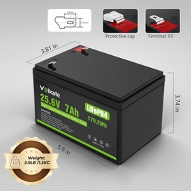 24V 25.6V 7Ah LiFePO4 Lithium Battery, 24 Volt 179.2Wh 2000+ Deep Cycle Rechargeable Lithium Iron Phosphate Battery for Ride On Toys, Power Wheels, Trolling Motor (F2 Terminals)