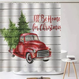 YULUOSHA Christmas Tree Shower Curtain Vintage Wooden Door Car Fabric Bathroom Decoration