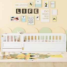 Twin Floor Bed with Slats, Twin Size Floor Bed with High Fence and Door, Montessori Floor Bed Twin Size, No Box Spring Needed, Easy Assemble Floor Bed, Wood Montessori Bed Twin Size(White Twin)