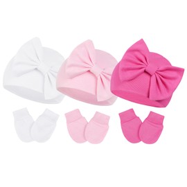 Century Star Newborn Girls Hats Baby Hat and Mitten Set Big Bow Knit Infant Headbands Winter Baby Hat for Girls D Pink & White & Rose 0-3 Months