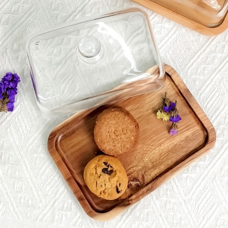 VivaBelle Glass Butter Dish with Wood Lid, Clear Domed Cheese