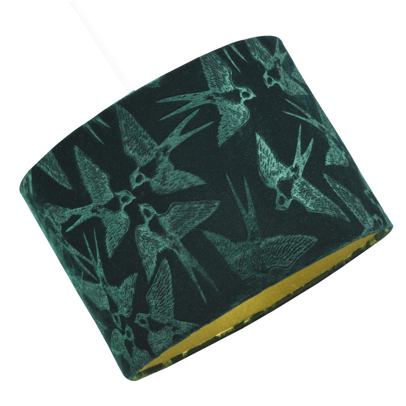 Highlighted Bird Decorated Dark Forest Green Velvet Fabric Lamp Shade