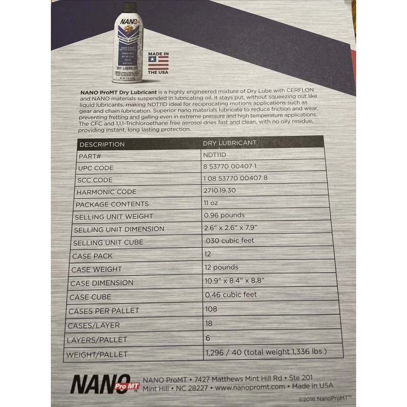 NANO Pro MT NDT11D Dry Lubricant 11oz (Silicone Free )