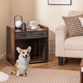 PETISITE Dog Crate Furniture, Wooden Dog Crate with Lockable Door, Adjustable Foot Pads, 2 Fabric Drawers, Indoor Dog Kennel Side Table for Small and Medium Sized Dogs, 24.5 x 19.5 x 25 inch