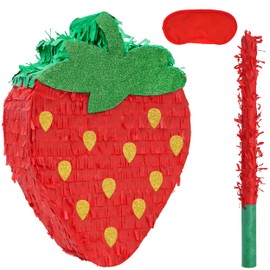 Birchio Strawberry Pinatas Bundle with a Blindfold and a Bat(16.5 x 12 x 3.5 Inches), Perfect for kid's Birthday Parties, Fruit Theme Parties, Decorations