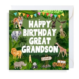 Second Ave Safari Jungle Animal Great Grandson Square Children's Kids Birthday Greeting Card for Boy