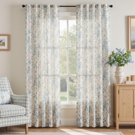 jinchan Linen Blend Curtain Floral Curtains for Living Room 84 Inch Length Blue Printed Curtain Rod Pocket Back Tab Farmhouse Peony Flower Patterned Drapes Bedroom Window Curtains Set 2 Panels