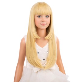 PATTNIUM Long Blonde Wig for Kids Child Blonde Straight Wig with Bangs Girls Golden Synthetic Hair Wigs