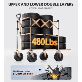 Foldable Wagon Cart,Everyfun 480Lbs Double Decker Wagon,Beach Carts with Big Wheels&Side Pocket&Dustbag,Large Capacity Folding Wagon for Shopping,Garden,Camping,Fish,New Wave Sports Wagon-Grey