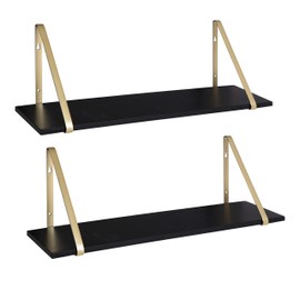 Kate and Laurel Soloman Black Wooden Shelves with Gold Metal Brackets, 2 Piece Set