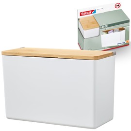 tesa® Baboo XL Bathroom Organiser with Bamboo Lid, Matt White, Bathroom Storage Box for Wall Mounting No Drilling, Includes Powerstrips Waterproof Strips XL, 242 mm x 160 mm x 102 mm