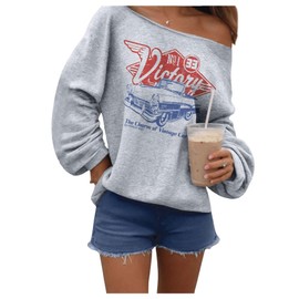 RoseSeek Women's Off The Shoulder Sweatshirts Tops Long Sleeve Vintage Oversized Sweatshirt Streetwear Light Grey M