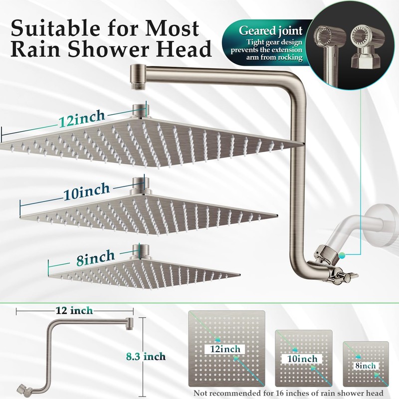Rain Shower Head Extension Arm, Upgrade 12 Inch Metal Shower