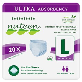 Nateen Flexi Ultra Adult Incontinence Underwear, Unisex Overnight Plus Pull Up for Men and Women，Maximum Absorbency Adult Diaper Pants,Invisible fit, Large, 20 Count