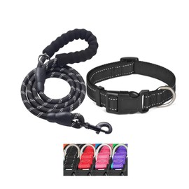 KOMUNJ Reflective Dog Collar and Leash Set, Adjustable Collar, Durable Nylon Leash for Medium Large Dogs, Iron, S