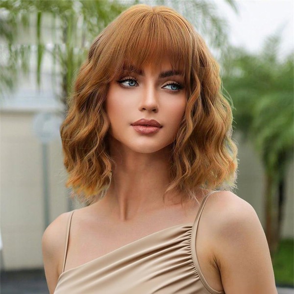 iAelev Light Brown Curly Bob Wig with Bangs Short Wavy