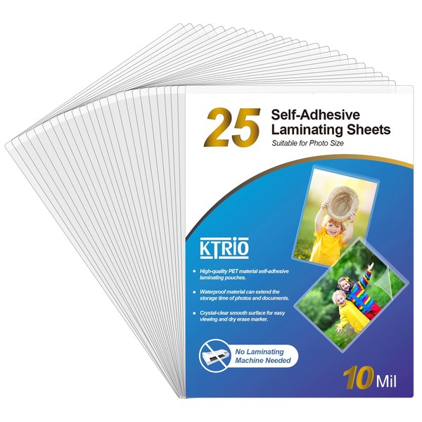 KTRIO Self Adhesive Laminating Sheets 4.5 x 6.5 Inches, 25-Pack,