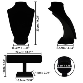 BELLE VOUS Black Velvet Necklace Display Bust & T Bar Jewellery Stand (2 Pack) - Holder for Bracelets, Watches and Bangles - Jewelry Holder Mannequin for Hanging Chokers, Pendants, Chains & Necklaces