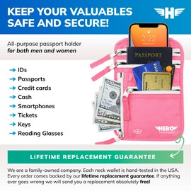 HERO Neck Wallet – RFID Blocking Passport Holder – Easy to Conceal Travel Pouch (Hot Pink)