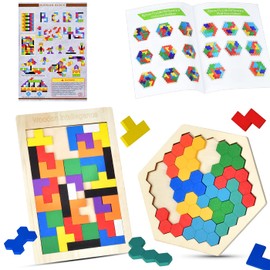 Wooden Blocks Puzzle, 2 Pack 3D Intelligence Colorful Puzzle Brain Teasers Tetris Toy Assembly & Disentanglement Puzzles Montessori Educational Gift for Kids (54 Pcs)