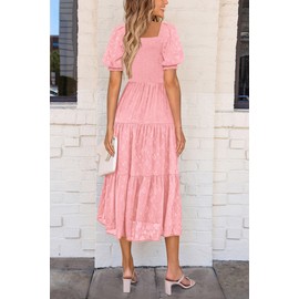 PRETTYGARDEN Women's 2025 Summer Casual Midi Dresses Square Neck Short Sleeve Smocked A Line Floral Flowy Elegant Boho Dress (Pink,XX-Large)