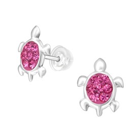 925 Sterling Silver Children's Crystal Turtle Stud Earrings, Pink Turtle