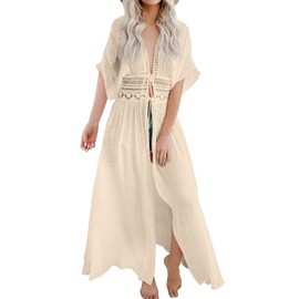 FANCYINN Women Long Lace Cover Up Bohemian Kimono Sheer Lace Tie Front Beachwear Crochet Dress Apricot L
