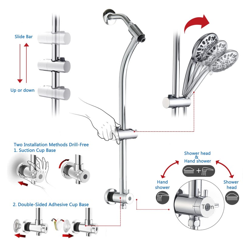 UCLIMAA High Pressure 48-Settings Shower Head with Handheld Shower,Drill-Free 3-Way