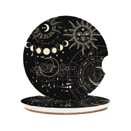 Adastrah Absorbent Car Coasters 2 Pack for Cup Holders, 2.56" Ceramic Stone & Non-Scratch Cork Base Drink Coasters(Moon and Sun)