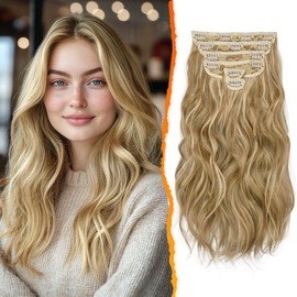 BARSDAR Clip-In Extensions, 6 Pieces, Wavy Highlight Clip-In Hair Extensions for Women, 40 cm Thick, Natural, Soft, Synthetic Clip-In Hairpieces, Gloden Blonde with Highlights