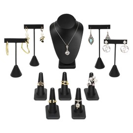 MOOCA 10 Pcs Jewelry Display Set, Necklace Display Bust, Earring Organizer, Ring Holder Stand for Showcase and Store, Premium Black Faux Leather, Wood/Black Faux Leather