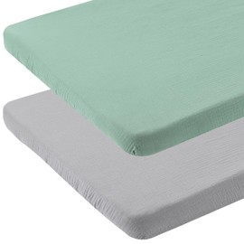 Muslin Bassinet Fitted Sheets 2 Pack for Baby Boy and Girl, 100% Cotton 33" x 19" Compatible with Mika Micky, Baby Delight, Dream On Me, AMKE and Other Rectangle Bassinet Mattress, Grey and Green